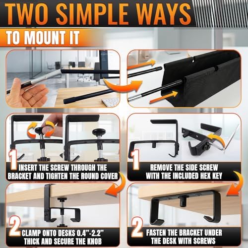 Under Desk Cable Management Tray 48" — No Drill Clamp-On Cord Organizer for Desk with Built-in Ties, Heavy Duty Metal Clamp, Foldable 600D Oxford Fabric for Home Office, WFH & Gaming PC Setup (Black)
