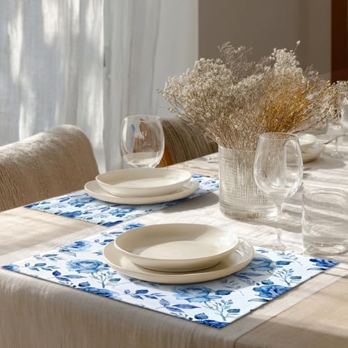 Shrahala Blue Nature Rose Set of 8 12 X 18 Inch Linen Placemats, White Burlap Table Mat Washable Double Layered Heat Insulation for Indoor/Outdoor