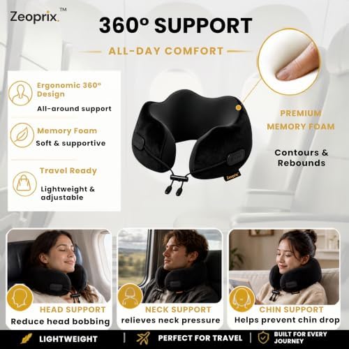 Memory Foam Travel Neck Pillow for Airplane, Neck Support, Black
