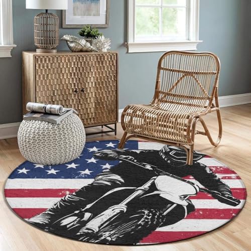 Women's Large Home Decor Mat, Soft Round Yoga Carpet, Non Slip Machine Washable Home Office Circle Rug Dirt Bike Motocross American Flag