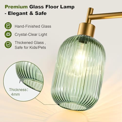 【Upgraded】 Dimmable Floor Lamp for Living Room with Green Ribbed Glass Lampshade, Gold Modern Floor Lamp with 900LM LED Bulb Included, Arc Standing Tall Lamp for Bedroom, Office, Reading Room, Corner