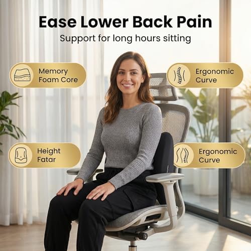 Lumbar Support Pillow Memory Foam Back Cushion for Sciatica & Lower Back Pain Relief Orthopedic Posture Corrector for Office Chair Gaming Chair Car Seat Breathable Washable - Black