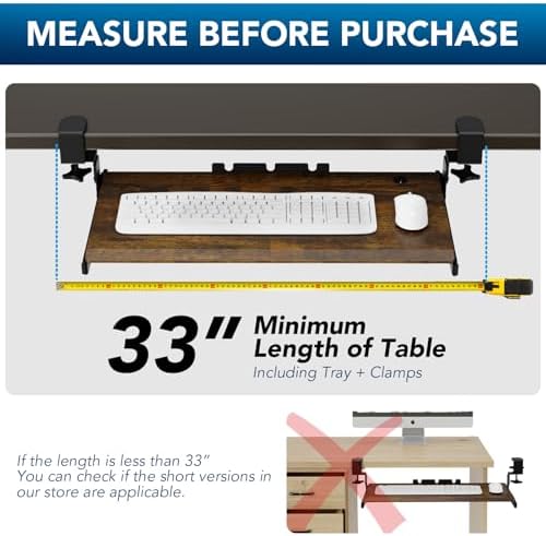 AX WABER Keyboard Tray Under Desk Pull Out with Extra Sturdy C Clamp Mount System, 27.3 (32.5 inch Including Clamps) x 11 Inch Slide-Out Platform Computer Drawer for Typing Vintage AX01WG02