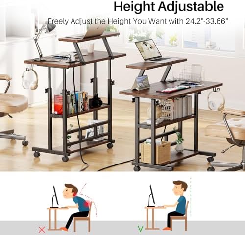 Adjustable Height Standing Desk with Power Outlets, Rolling Stand Up Desk with Monitor Stand and Storage Shelves, 31.5" Small Mobile Computer Desk, Portable Laptop Table (Retro Brown)