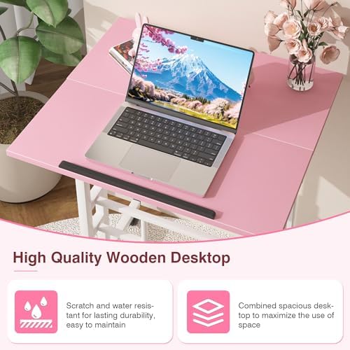 VECELO Small Mobile Standing Desk 24 Inch, Adjustable Height Portable Stand Up Desk with Wheels Computer Workstations, Rolling Laptop Cart, Pink