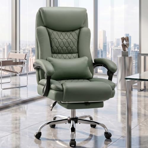 Ergonomic Executive Office Chair PU Leather High Back, 400lbs Heavy Duty Reclining Desk Chair with Footrest, Adjustable Lumbar Support, Padded Armrests, Wide Seat, Green
