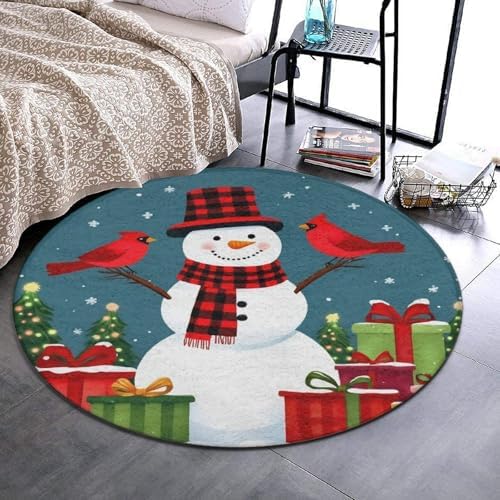 Men's Large Home Decor Mat, Soft Round Yoga Carpet, Non Slip Machine Washable Home Office Circle Rug Red Green Buffalo Plaid Snowflake Snowman Christmas