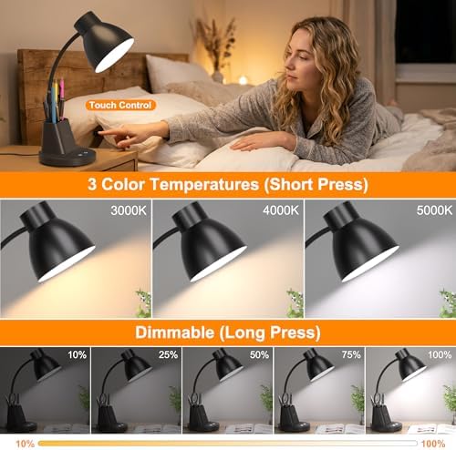 10W Wireless Charging LED Desk Lamp with Pen Holder, CRI 95, Black