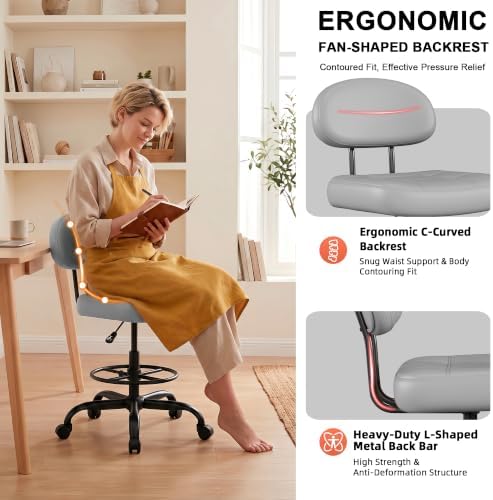 Armless Drafting Chair with Back, Tall Office Chair for Standing Desk, PU Faux Leather,Footrest Ring,Adjustable Height,360°Wheels for Bar Home Office