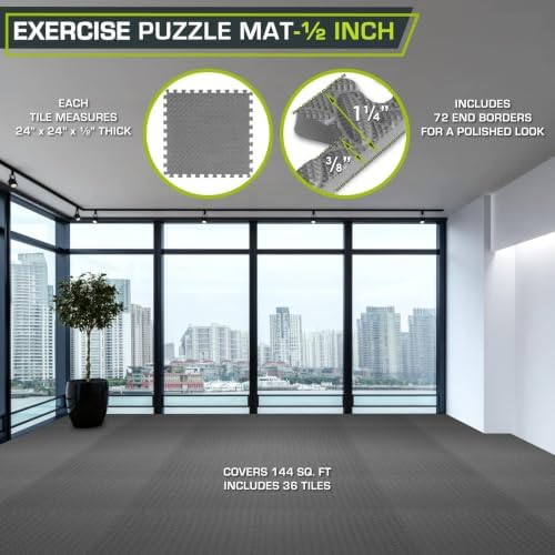 ProsourceFit Exercise Puzzle Mat ½-inch, EVA Interlocking Foam Floor Tiles for Home Gym, Workout Equipment, Kids Play Areas, Grey, 144 SQ FT - 36 Tiles