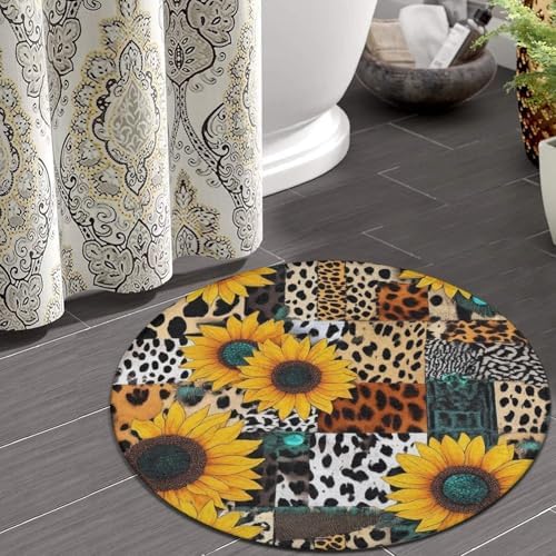 Machine Washable Modern Round Area Rug, Room Sofa Yoga Soft Round Carpet, Home Decor Non Slip Kitchen Office Circle Rug Retro Sunflowers Animal Leopard Print Art, 24inch