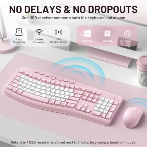 Wireless Keyboard and Mouse Combo Silent Ergonomic Curved Design for Office