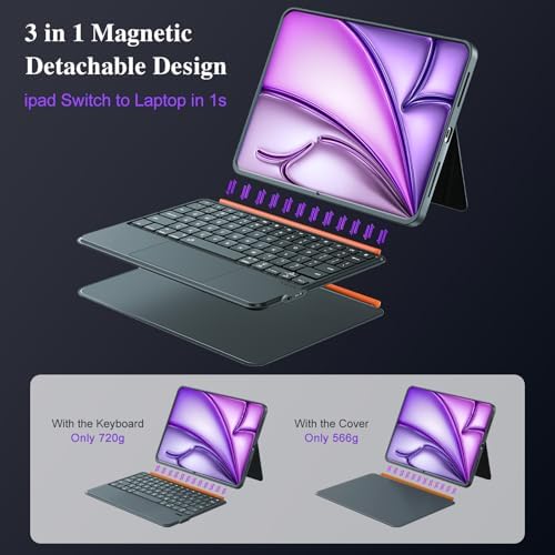 iPad Air 13 inch Case Keyboard (M4/M3/M2, 2026/2025/2024), Wireless Keyboard for Pro 12.9 6/5/4/3rd Gen, Magnetic Detachable with Trackpad, 7-Color Backlit, Landscape/Portrait, Adjustable Stand (Gray)