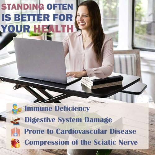 32" Height Adjustable Standing Desk Sit To Stand Converter with Wide Keyboard Tray for Home Office, Stand Up Desk Dual Monitor Riser Workstation with Spacious Tabletop for Laptops/Small Space (Black)