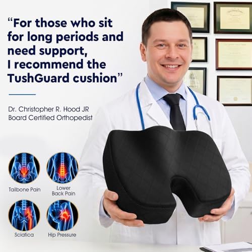 TushGuard Office/Car Seat Cushion, Non-Slip Sciatica & Back Coccyx Tailbone Pain Relief Chair Pad, Memory Foam Butt Pillow for Computer Desk, Wheelchair, Driving (Black) (Pack of 2)