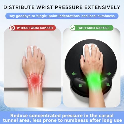Ergonomic Mouse Pad with Wrist Rest, Contoured Fit Relieves Wrist Pressure, Smooth Lycra Surface for Free Gliding, Non-Slip PU Base, Soft Elastic Support Mouse Mat for Home Office (Black)