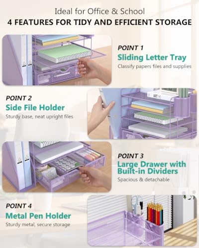 WALI Desk File Organizer, 5 Tier Desktop Paper Letter Tray Organizer with Drawer and 2 Pen Holders, Office Desk Accessories & Workspace Organizers for Office, Home Supplies(DO006DH-V), 1 Pack, Purple