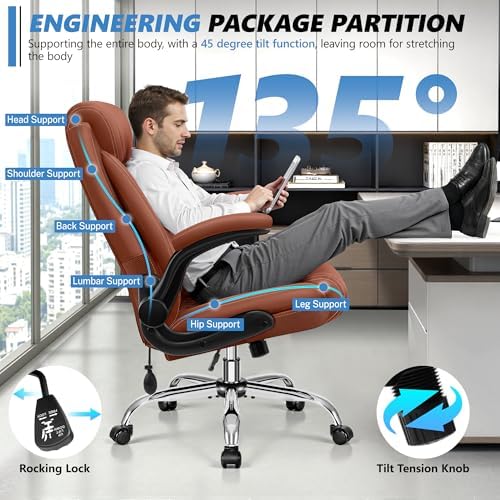 BestGlory Executive Office Chair with Lumbar Support, Big and Tall Ergonomic Computer Desk Chair, Leather Comfy High Back Gaming Chair with Flip Up Arms & Rocking Function for Home Office, Brown