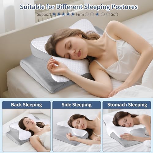Cervical Neck Pillow for Pain Relief, Ergonomic Contour Pillow, Orthopedic Memory Foam Neck Support Pillow for Side, Back & Stomach Sleepers (Off-White)