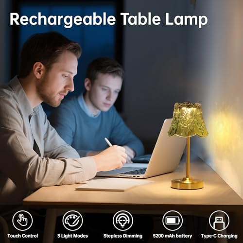 Shenmoyl Cordless Touch Table Lamp with 5200mAh Battery - 3 Adjustable Color Temperatures & Dimmable, Rechargeable Desk Lamp for Bedroom, Living Room, Office, Entryway, Bookshelves (Green Rose)