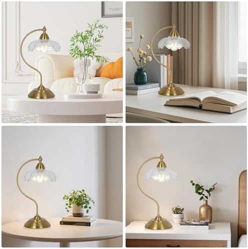 Glass Desk Lamp, Gold Table Lamps for Living Room, Brass Side Table Lamp with Clear Flower Shade, Desk Lamps for Home Office, Mid Century Modern Nightstand Lamp, Vintage Beside Lamp for Bedroom Decor