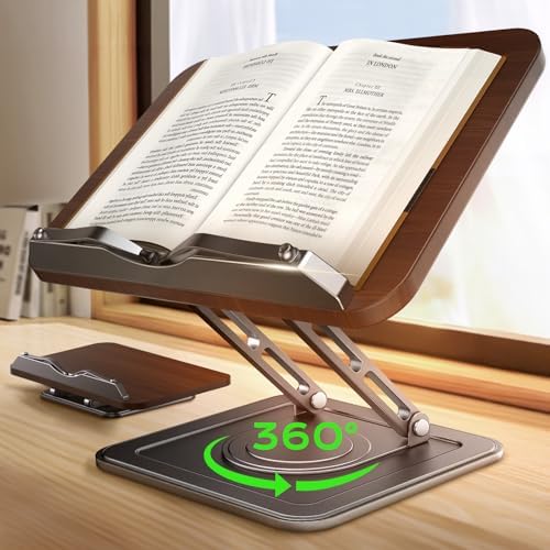 LOXP Book Stand for Reading, 360° Rotating Holder with Page Clip, Ergonomic