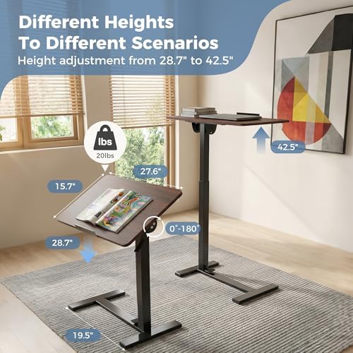 DUMOS Overbed Table with Wheels, Height-Adjustable Bedside Table, Brown