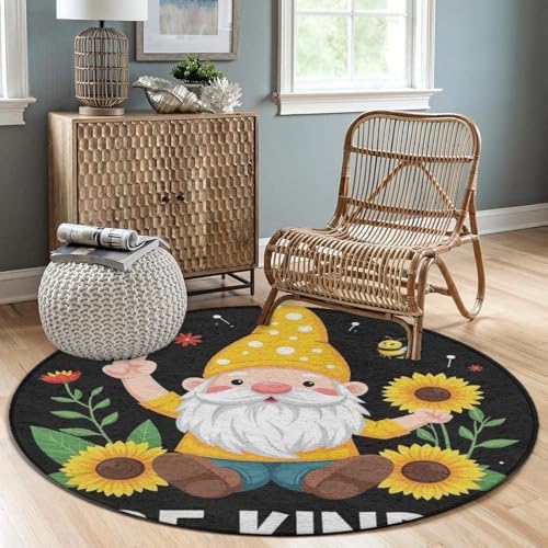 Large Home Decor Mat, Soft Round Yoga Carpet, Non Slip Machine Washable Home Office Circle Rug Be Kind Sunflower Gnome