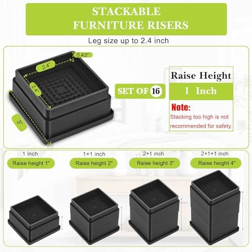 16 Pack Furniture Risers 1 Inch, Adjustable Bed Risers Heavy Duty for Table Desk Couch Chair Sofa Cabinet Bed Frame Dorm, Square Stackable Table Leg Risers Lift Height 1", 2" or 3", Black