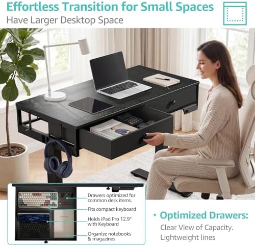 KLUVIS Black Adjustable Desk with Storage, 39 Inch Small Black Desk with Drawers, Small Space Stand Up Computer Desks for Home Office Bedroom, Sit Stand Work Desks for Walking Pad