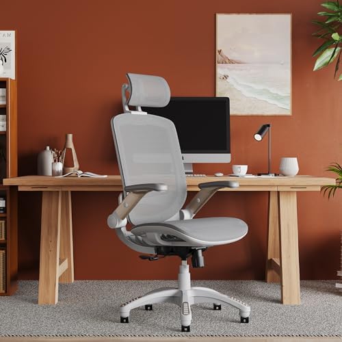 GABRYLLY Ergonomic Office Chair, High Back Home Desk Chair with 2D Flip-Up Arms, 3D Headrest, 90-120° Tilt and Wide Cushion, Big and Tall Mesh Chairs for Man Woman, White Computer Task Chair