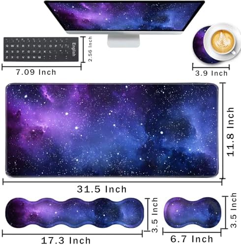 Keyboard Wrist Rest and Mouse Pad with Wrist Support Set Ergonomic Coaster,Memory Foam,Easy Typing Pain Relief,Large XL Desk Mat 31.5"x 11.8",Galaxy Design