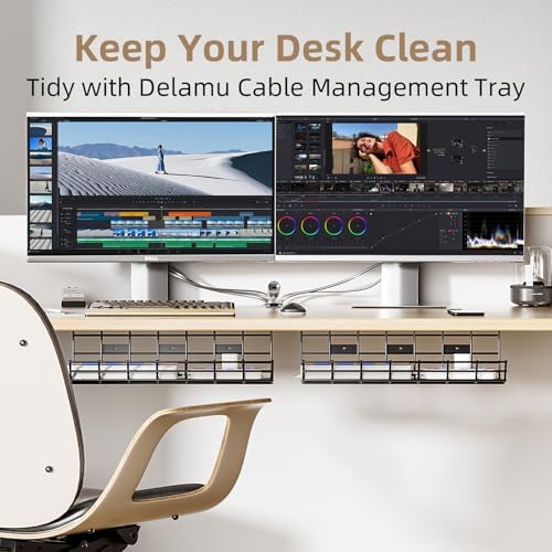2 Pack DELAMU Under Desk Cable Management Tray, Large Metal Cord Organizer, Office & Home Cord Wire Management Under Desk Shelf, Easy Install Pre-drilled Cable Organizer, Black
