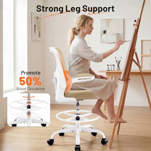 AreShark Drafting Chair - Ergonomic Tall Office Chair with Lumbar Support and Flip-up Armrests - High Standing Desk Chair Breathable Mesh with Adjustable Footrest Ring and Height for Home Office