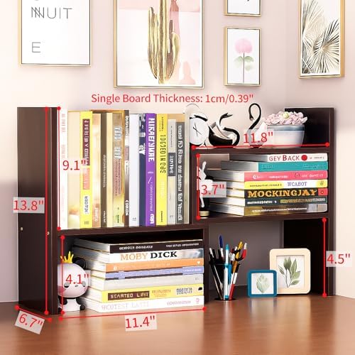 Desktop Shelf Organizer, Adjustable Wood Office Storage Rack, Counter Display Small Bookshelf for Home/Office/School(Dark Walnut)