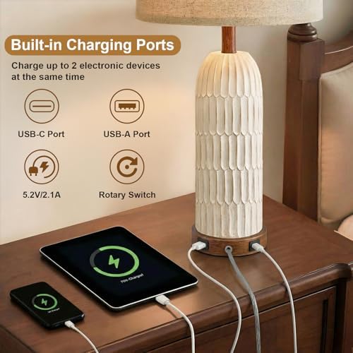 OYEARS 26.5" Bedside Table Lamps Set of 2, Farmhouse Table Lamp with USB A+C Charging Ports,Vintage Nightstand Lamp for Bedrooms and Living Rooms, Retro Resin End Table Lamp with Linen Shade, Brown