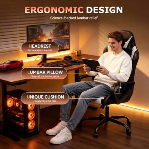 BestOffice Ergonomic Gaming Chair for Adults, Video Game Chair, White