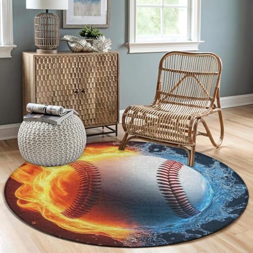 Women's Large Home Decor Mat, Soft Round Yoga Carpet, Non Slip Machine Washable Home Office Circle Rug Water Fire Flame Baseball Sport