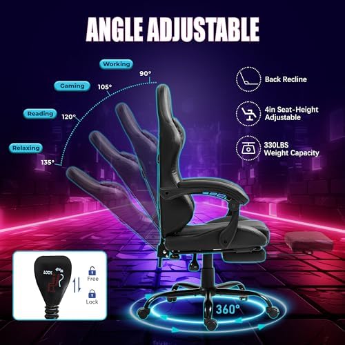 Massage Gaming Chair with Footrest & Lumbar Support, Black