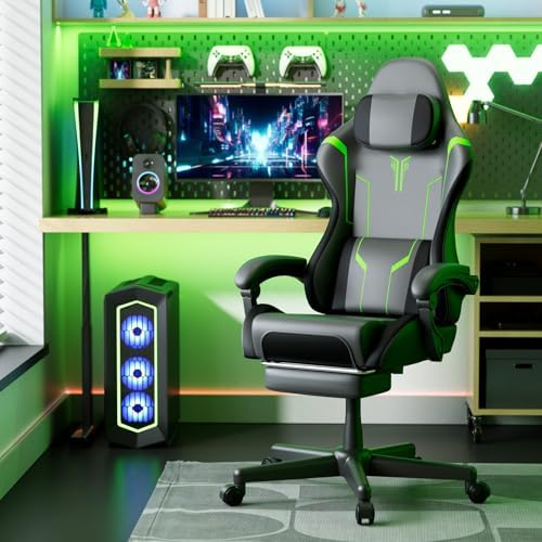 Ferghana PU Leather Gaming Chair, Ergonomic High Back Gamer Chair with Footrest and Linkage Armrest, Office Computer Video Game Chair for Adult, Grey/Black/Green