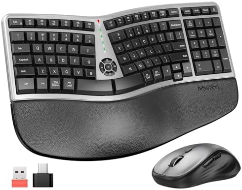 MEETION Ergonomic Wireless Keyboard and Mouse with Leather Palm Rest, Black