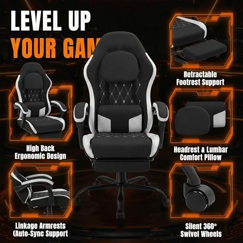 Video Gaming Chair, Ergonomic Office Chair with Footrest, Lumbar Support and Linkage Armrests, Swive Home Video Game Chairs for Adults, Black