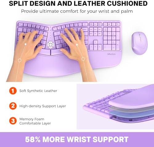 MEETION Ergonomic Keyboard and Mouse Combo, Split Wireless Design, Purple