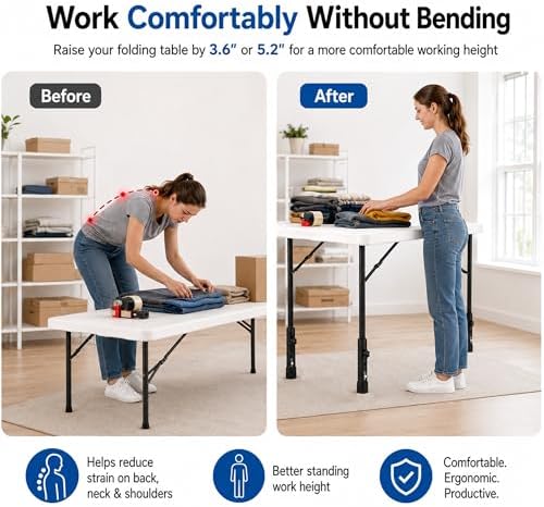8-Pack Table Legs Extensions for Straight/Bent Folding Tables, Folding Table Leg Extenders, Reduces Stooped Work Improves Back Pain, 2-Level Height Adjustable Furniture Risers (3.6"/ 5.2")