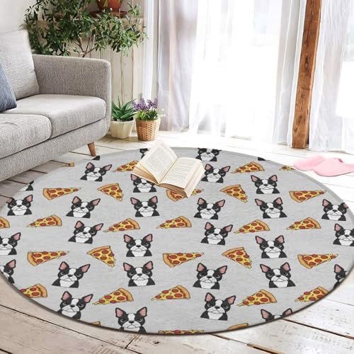 Circular Rugs Large Modern Round Area Rug Fashion Decor Mat for Home Office Grey Boston Terrier Dog Pizza, 60inch