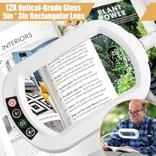 Veemagni 12X Rectangle Magnifying Glass with Light and Stand, Flexible Gooseneck LED Lighted Desk Lamp, 5 Color Modes Stepless Dimmable, Hands Free Magnifier for Reading Painting Close Work - White