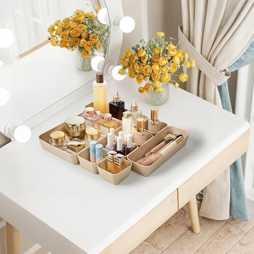 ISSEVE 8Pcs Silicone Bathroom Drawer Organizer Trays Set, 4 Sizes, Beige