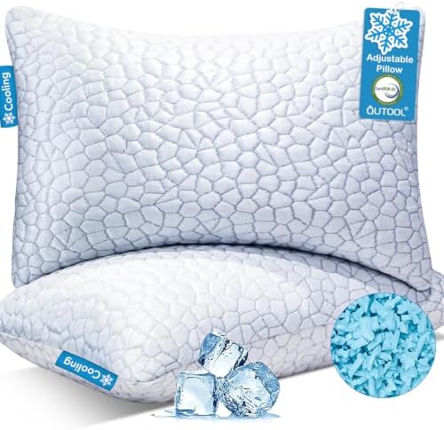 QUTOOL Cooling Pillow for Sleeping, CertiPUR-US Shredded Memory Foam King Pillows Set of 2, Cool Pillow for Hot Sleepers Adjustable Firm Pillow for Side, Back, Stomach Sleepers Soft Yet Support,White