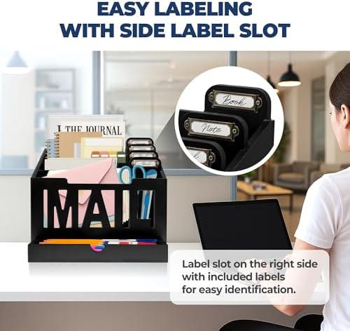 Mail Organizer Countertop, Desktop Mail Sorter with Drawer & Label Tags, BK