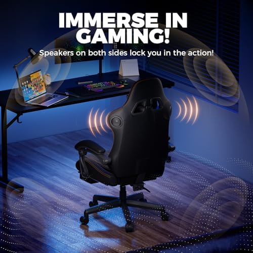 GTPLAYER ACE-PRO Music Gaming Chairs – Built-in Speakers, App Support & Bluetooth Control, Computer Game Chairs with Footrest for Adults, Ergonomic, Reclining, Linkage Armrest, Black & Orange Stitch